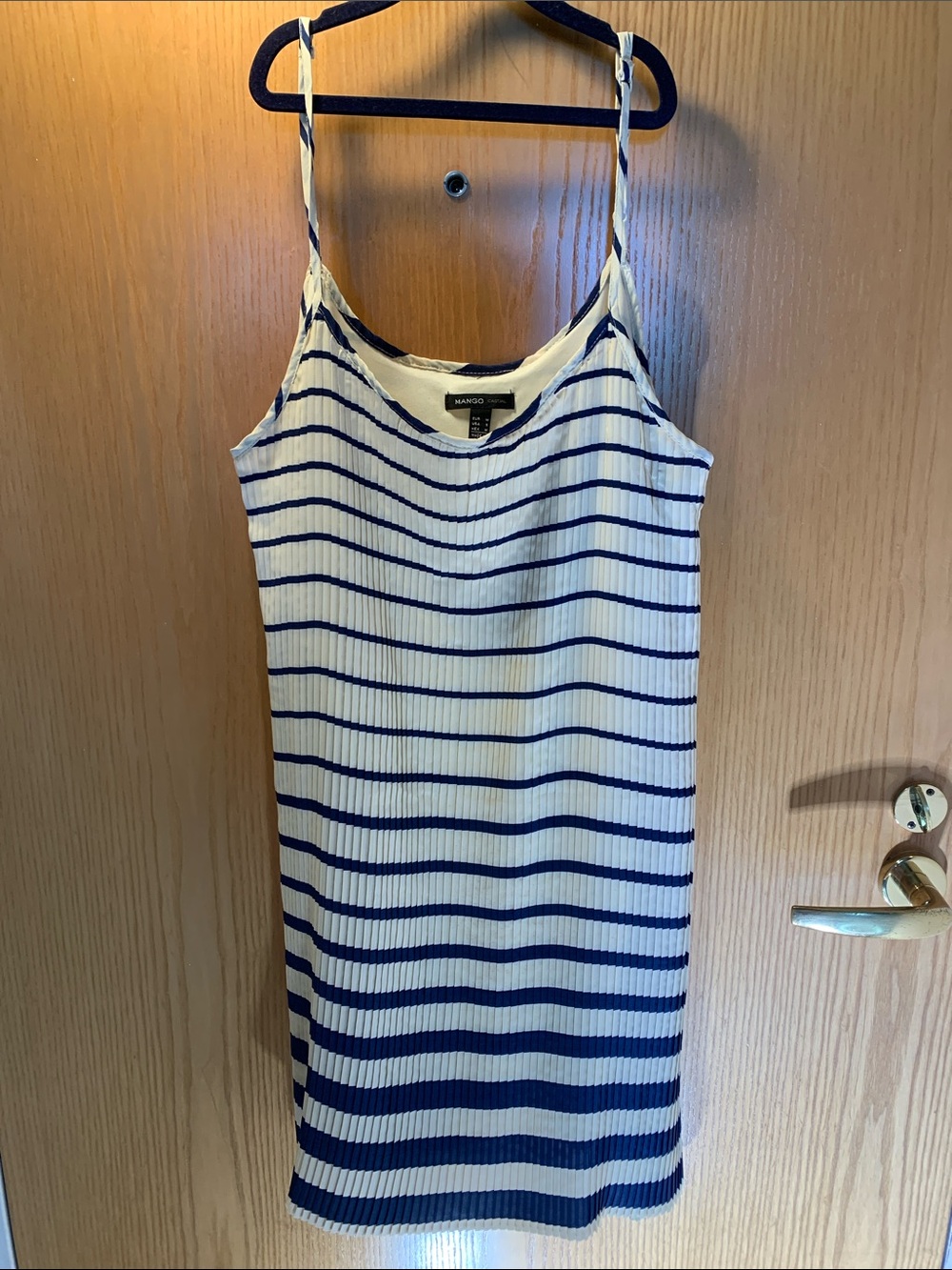 Mango White and Navy Striped Ribbed Spaghetti Strap Dress - Size S